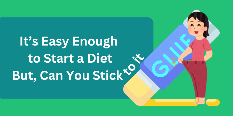 how to stick to a diet with a tube of glue and woman showing off her weight loss