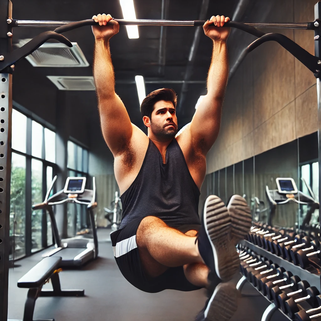 man doing stomach exercises with hanging leg raises