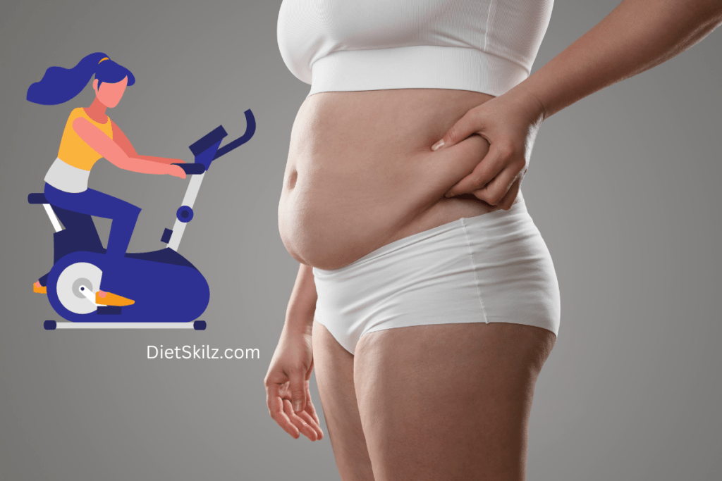 female pinching stomach fat, an image of female on exercise bike 