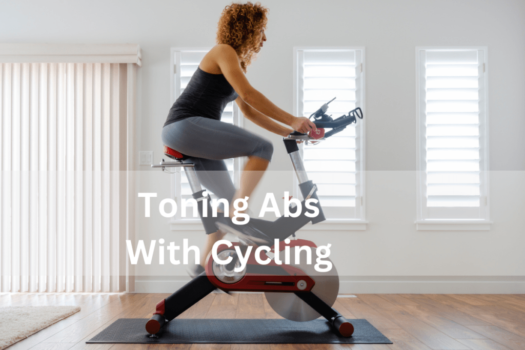 woman on exercise bike for burning stomach fat with toning abs with cycling over image