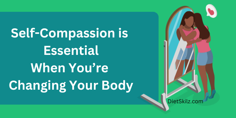 a person standing in front of a mirror and hugging herself as she shares self compassion in weight loss with herself