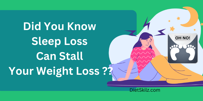 woman in bed suffering from sleep weight loss plateau and a bathroom scale that indicates "oh no!"