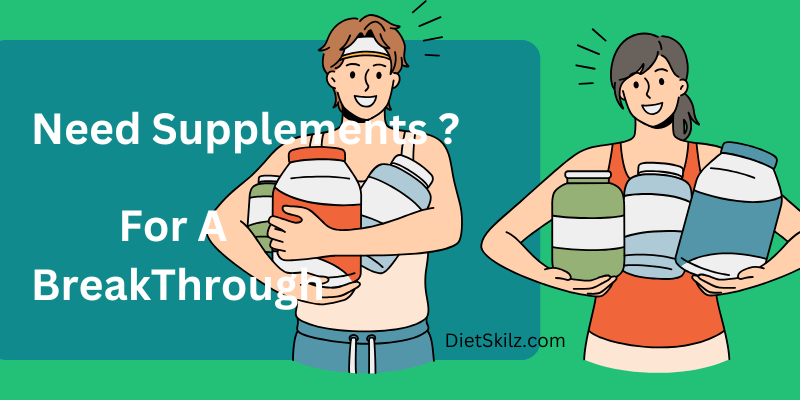 a man and a woman with arm loads of supplements for breaking weight loss plateaus