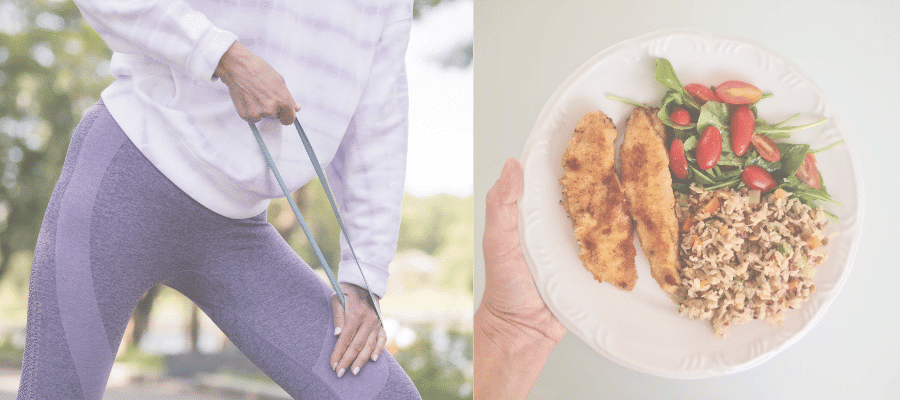 Woman stretching with resistance band next to healthy meal plate with chicken, rice and salad