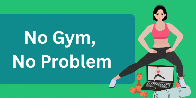 Woman in pink sports bra doing side lunge next to laptop with workout video and dumbbells for home fitness