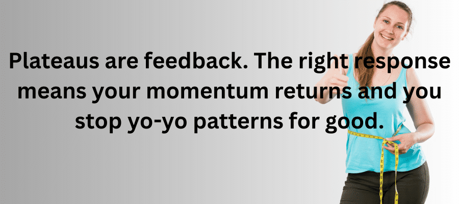 Smiling blonde woman in blue tank top holding measuring tape around waist with text about plateaus being feedback